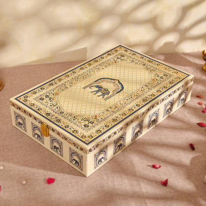White Royal Elephant Wooden Hamper Box | Luxury Festive Gift Packaging