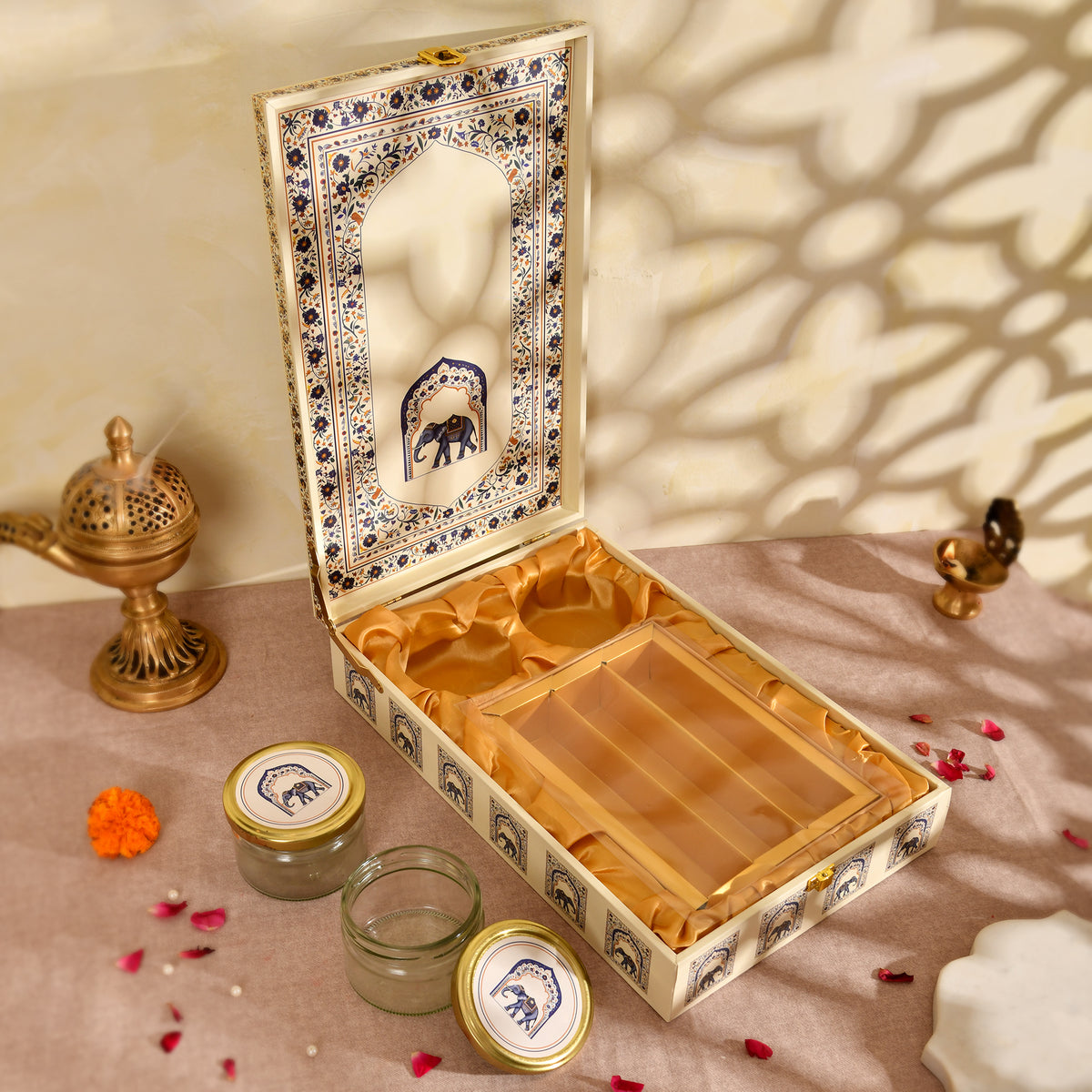 White Royal Elephant Wooden Hamper Box | Luxury Festive Gift Packaging