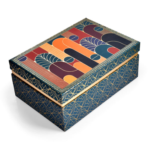 Dark Green Border with Mid-Century Modern Print Rigid Gift Box – Premium Hamper with 5-Cavity Tray & Dual Glass Jars