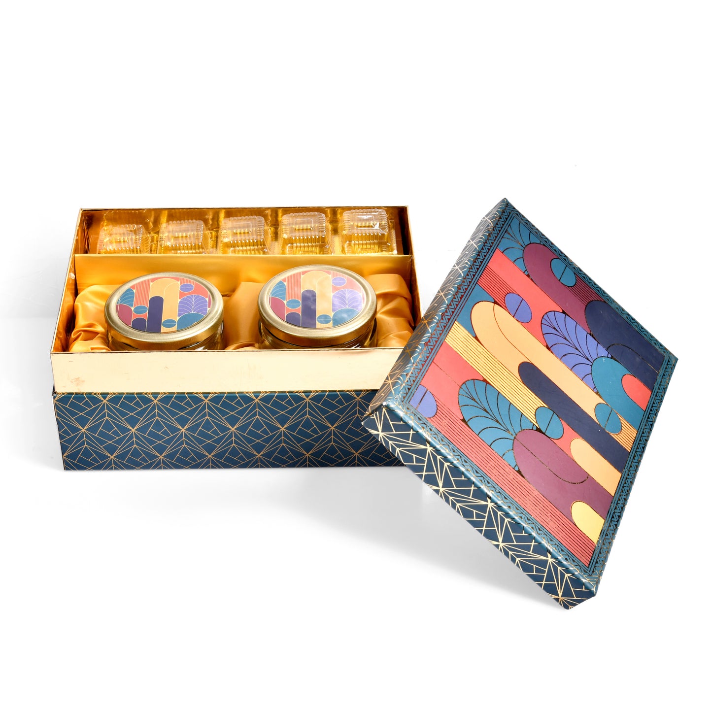 Dark Green Border with Mid-Century Modern Print Rigid Gift Box – Premium Hamper with 5-Cavity Tray & Dual Glass Jars