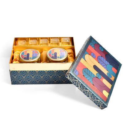 Dark Green Border with Mid-Century Modern Print Rigid Gift Box – Premium Hamper with 5-Cavity Tray & Dual Glass Jars