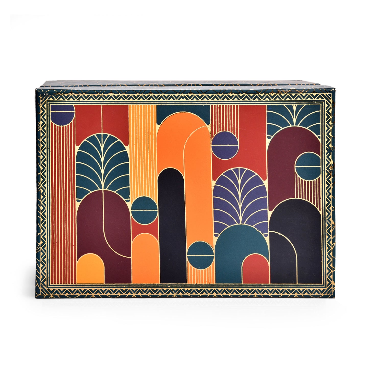 Dark Green Border with Mid-Century Modern Print Rigid Gift Box – Premium Hamper with 5-Cavity Tray & Dual Glass Jars