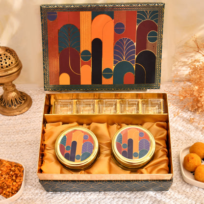 Dark Green Border with Mid-Century Modern Print Rigid Gift Box – Premium Hamper with 5-Cavity Tray & Dual Glass Jars