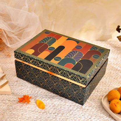 Dark Green Border with Mid-Century Modern Print Rigid Gift Box – Premium Hamper with 5-Cavity Tray & Dual Glass Jars
