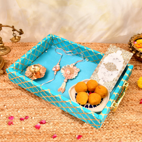 Traditional Rama Green Wooden Square Lace Hamper Tray | Premium Rakhi Gift Tray