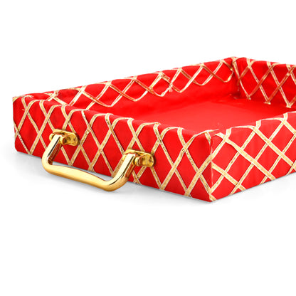 Traditional Red Wooden Square Lace Hamper Tray | Premium Rakhi Gift Presentation Tray
