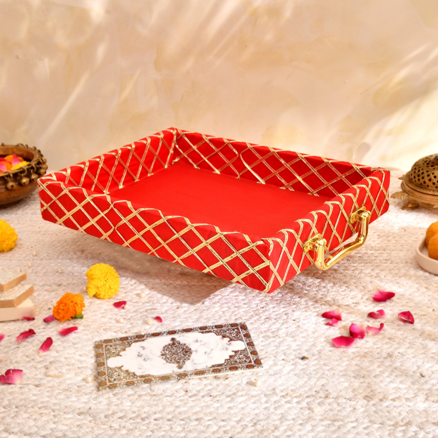 Traditional Red Wooden Square Lace Hamper Tray | Premium Rakhi Gift Presentation Tray