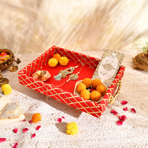 Traditional Red Wooden Square Lace Hamper Tray | Premium Rakhi Gift Presentation Tray