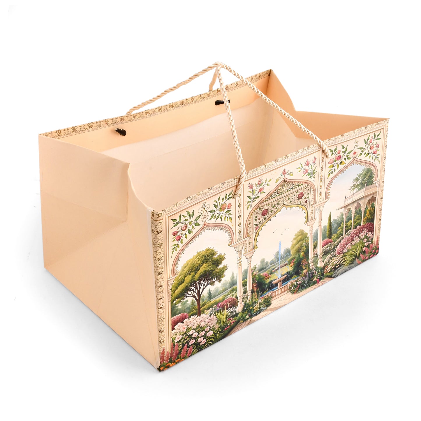 Cream Royal Garden Printed Paper Gift Bag 14.4 × 9.4 × 7.5 Inch | Luxury Hamper & Gift Packaging