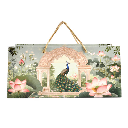 Sage Green Lotus Peacock Print Paper Bag with Matching Wooden Box Combo