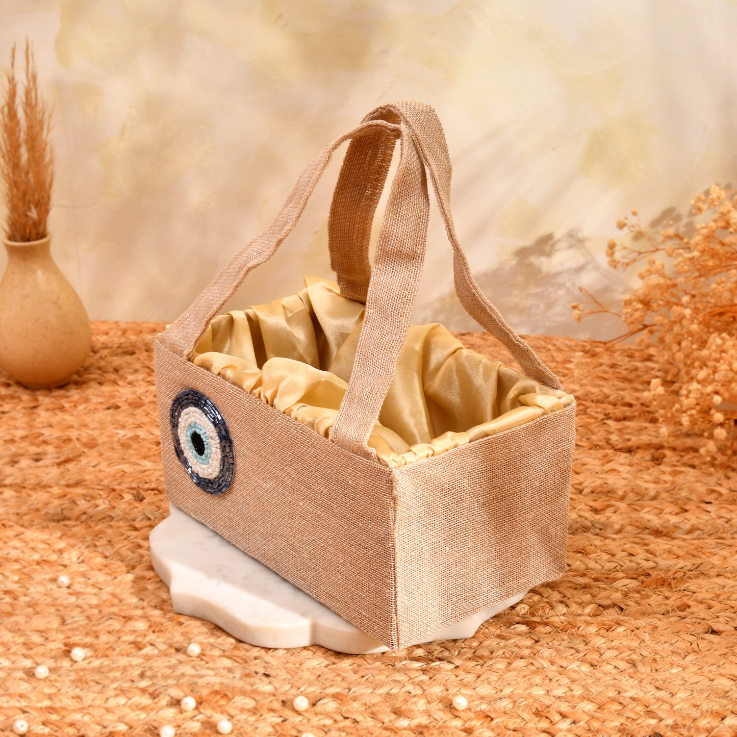 Jute Evil Eye Hamper Basket with Gold Satin Lining | Wedding Return Gift & Festive Gifting Basket