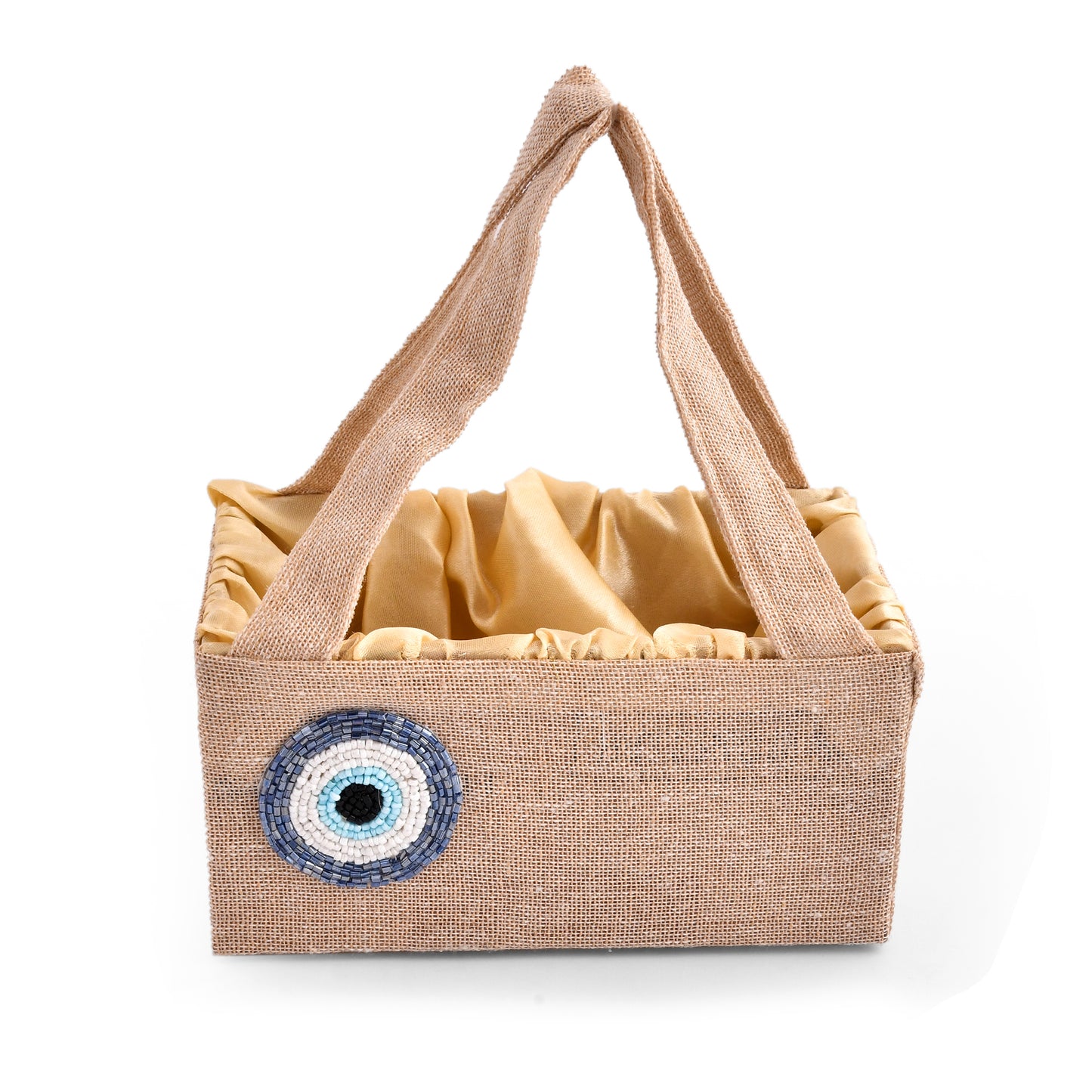Jute Evil Eye Hamper Basket with Gold Satin Lining | Wedding Return Gift & Festive Gifting Basket
