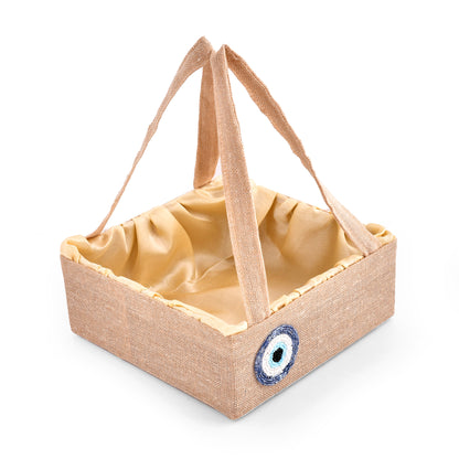 Jute Evil Eye Hamper Basket with Gold Satin Lining | Wedding Return Gift & Festive Gifting Basket