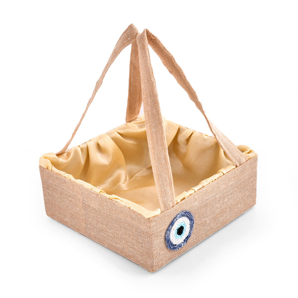 Jute Evil Eye Hamper Basket with Gold Satin Lining | Wedding Return Gift & Festive Gifting Basket