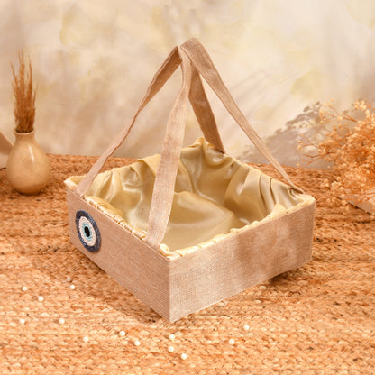 Jute Evil Eye Hamper Basket with Gold Satin Lining | Wedding Return Gift & Festive Gifting Basket