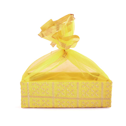 Gold Embroidery Yellow Net Gift Hamper Basket  | Wedding & Return Gift Packaging