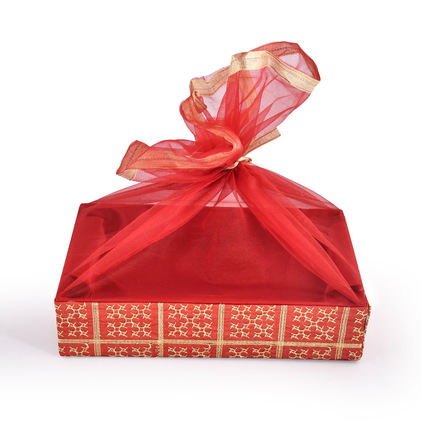 Gold Embroidery Cherry Red  Net Hamper Basket |  Shagun & Festive Gift Basket