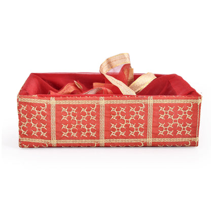 Gold Embroidery Cherry Red  Net Hamper Basket |  Shagun & Festive Gift Basket