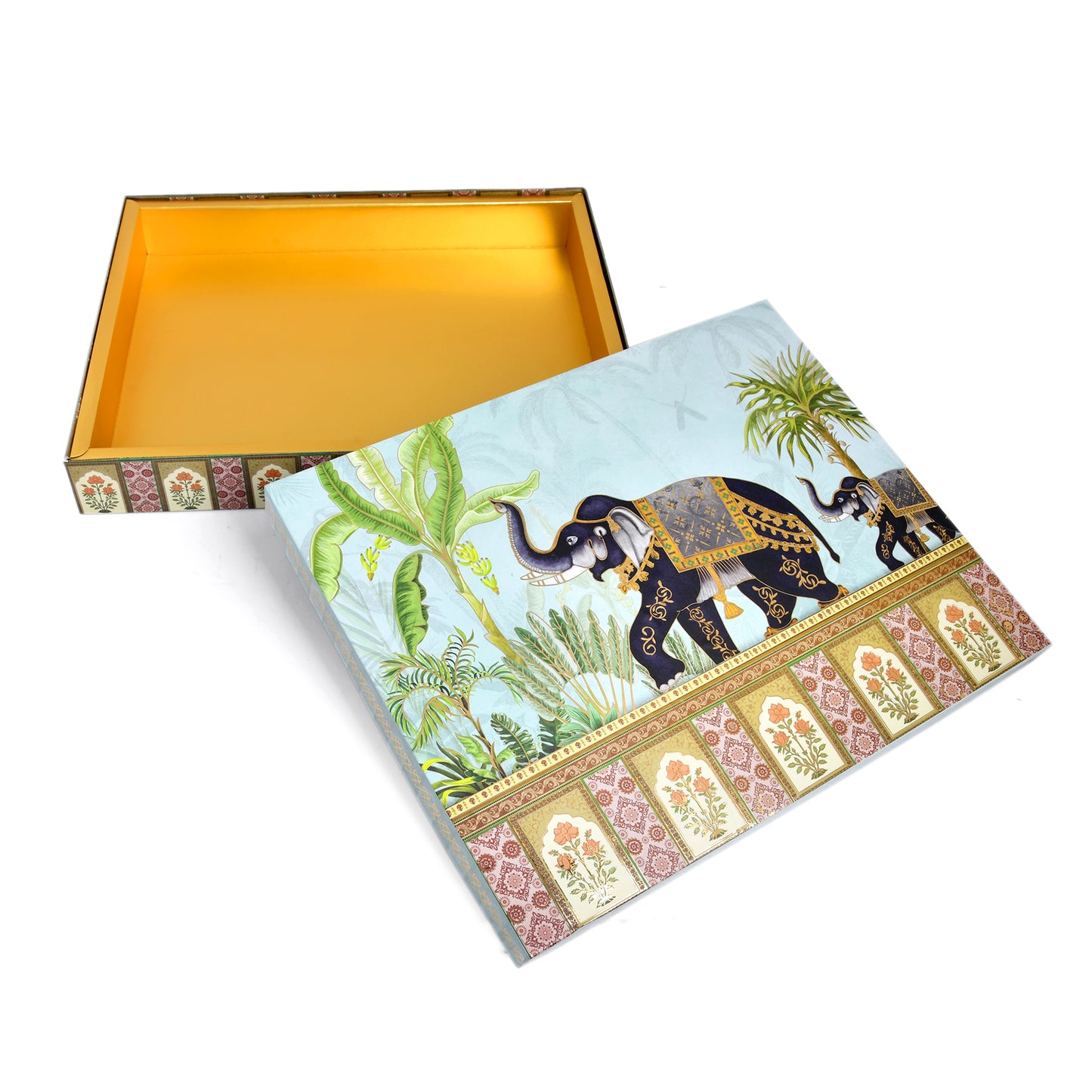 Blue Royal Elephant Foil Print Saree & Clothes Hamper Box | Wedding Trousseau & Festive Gift Packaging