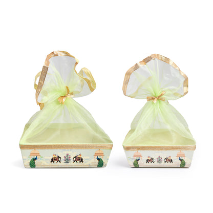 Green Peacock Print Hamper Basket with Net Cover | Diwali & Wedding Gift Basket