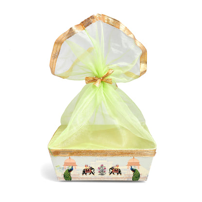 Green Peacock Print Hamper Basket with Net Cover | Diwali & Wedding Gift Basket