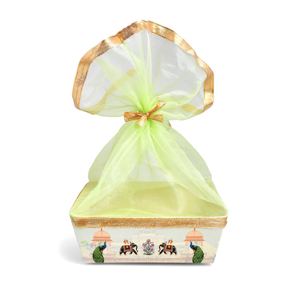 Green Peacock Print Hamper Basket with Net Cover | Diwali & Wedding Gift Basket