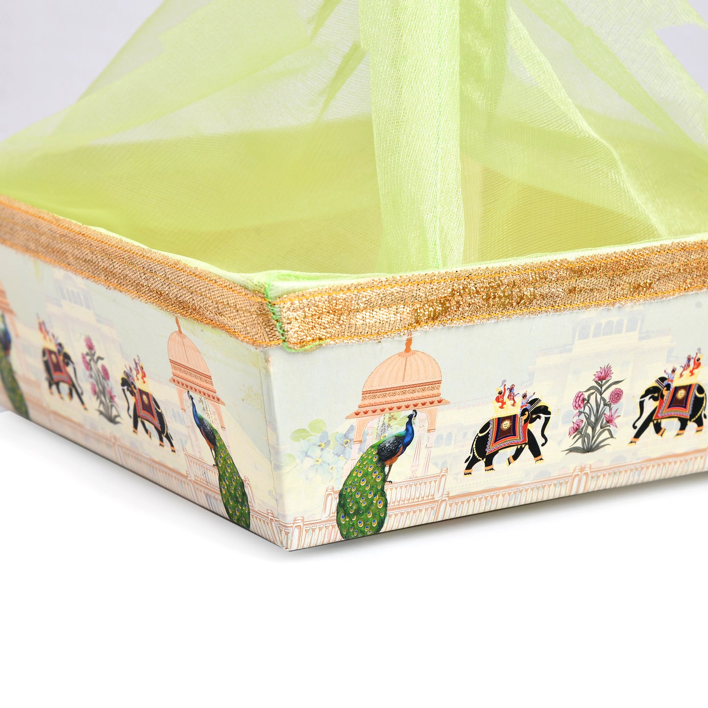 Green Peacock Print Hamper Basket with Net Cover | Diwali & Wedding Gift Basket