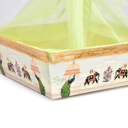 Green Peacock Print Hamper Basket with Net Cover | Diwali & Wedding Gift Basket