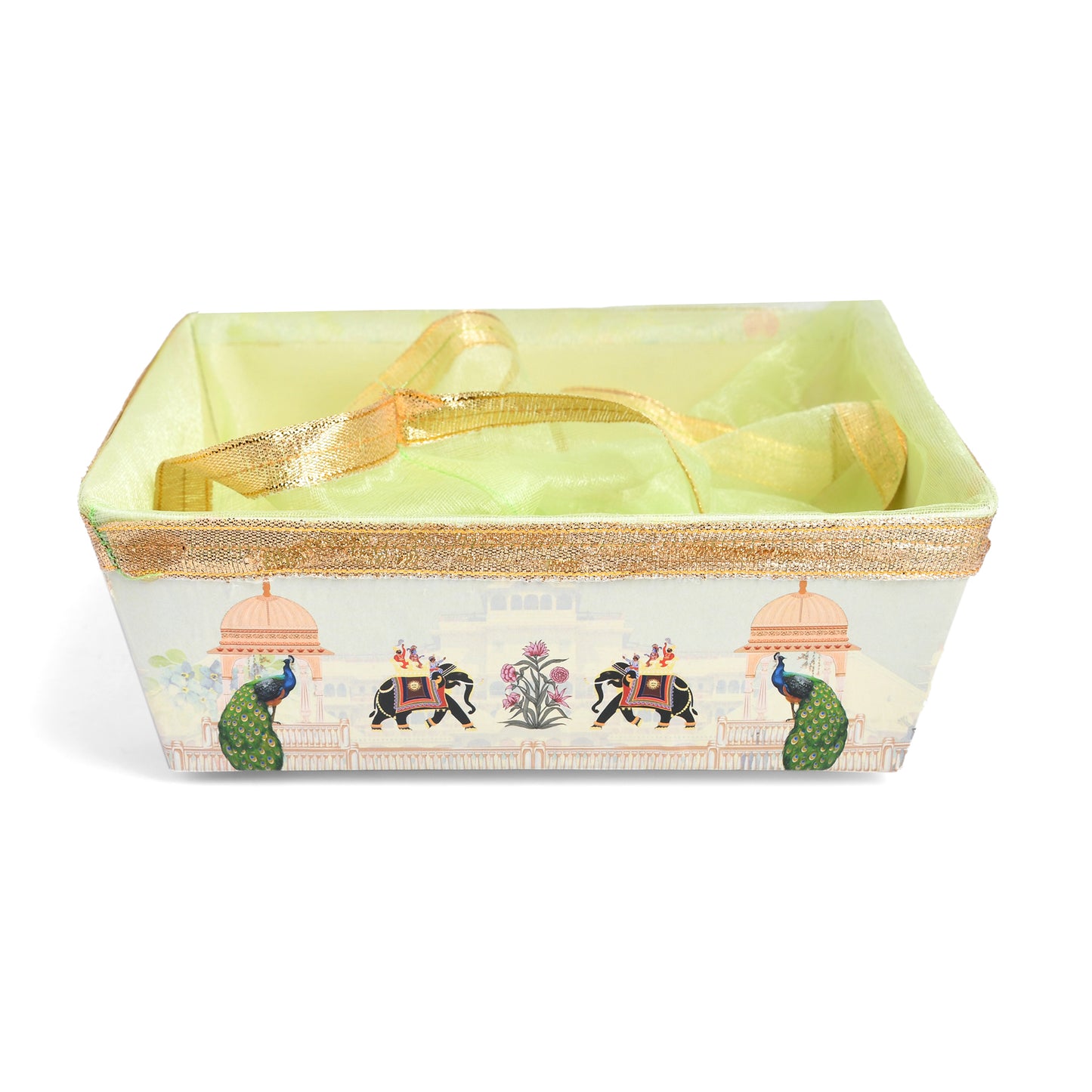 Green Peacock Print Hamper Basket with Net Cover | Diwali & Wedding Gift Basket