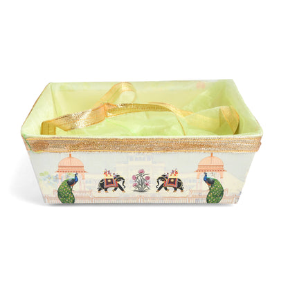 Green Peacock Print Hamper Basket with Net Cover | Diwali & Wedding Gift Basket