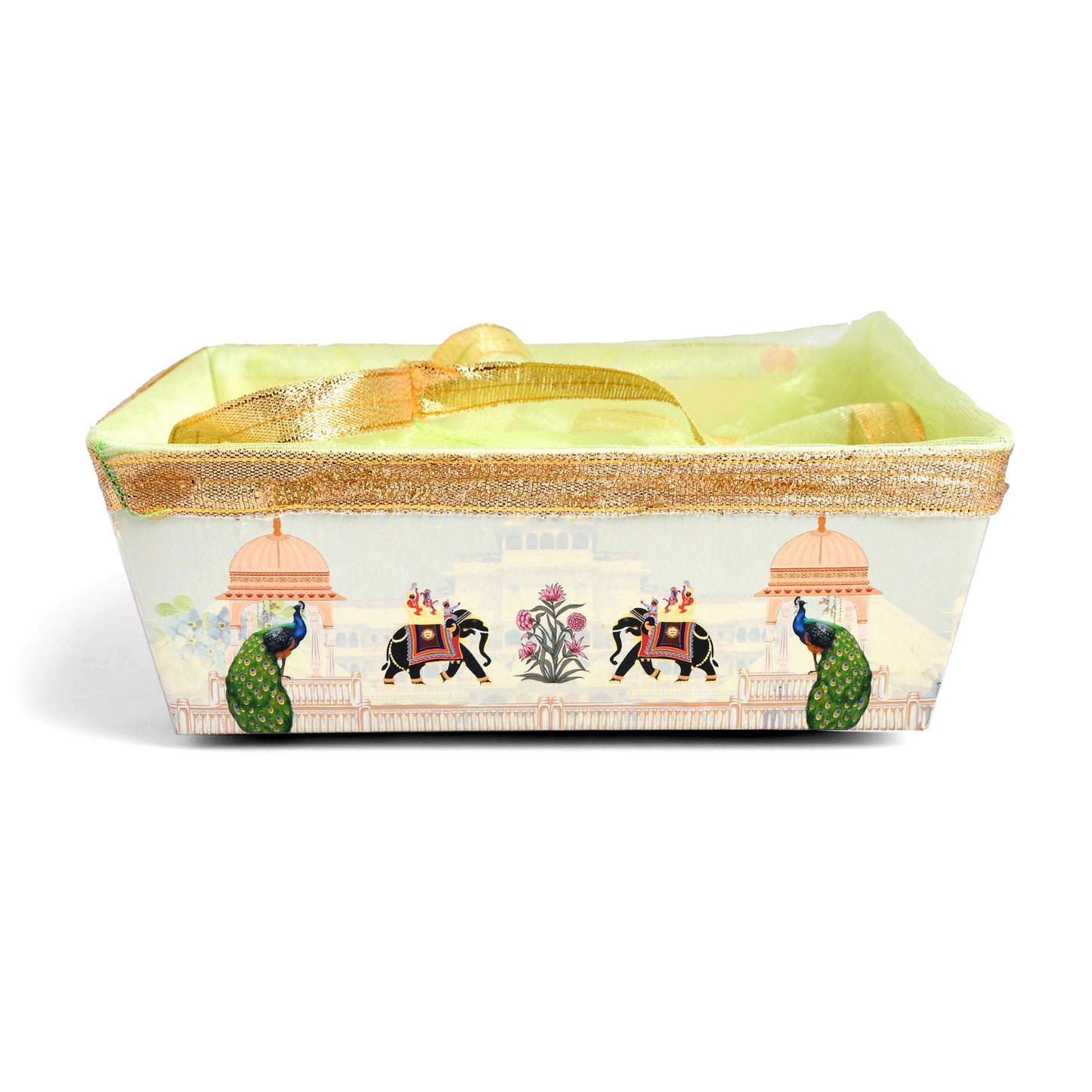 Green Peacock Print Hamper Basket with Net Cover | Diwali & Wedding Gift Basket