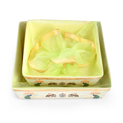 Green Peacock Print Hamper Basket with Net Cover | Diwali & Wedding Gift Basket