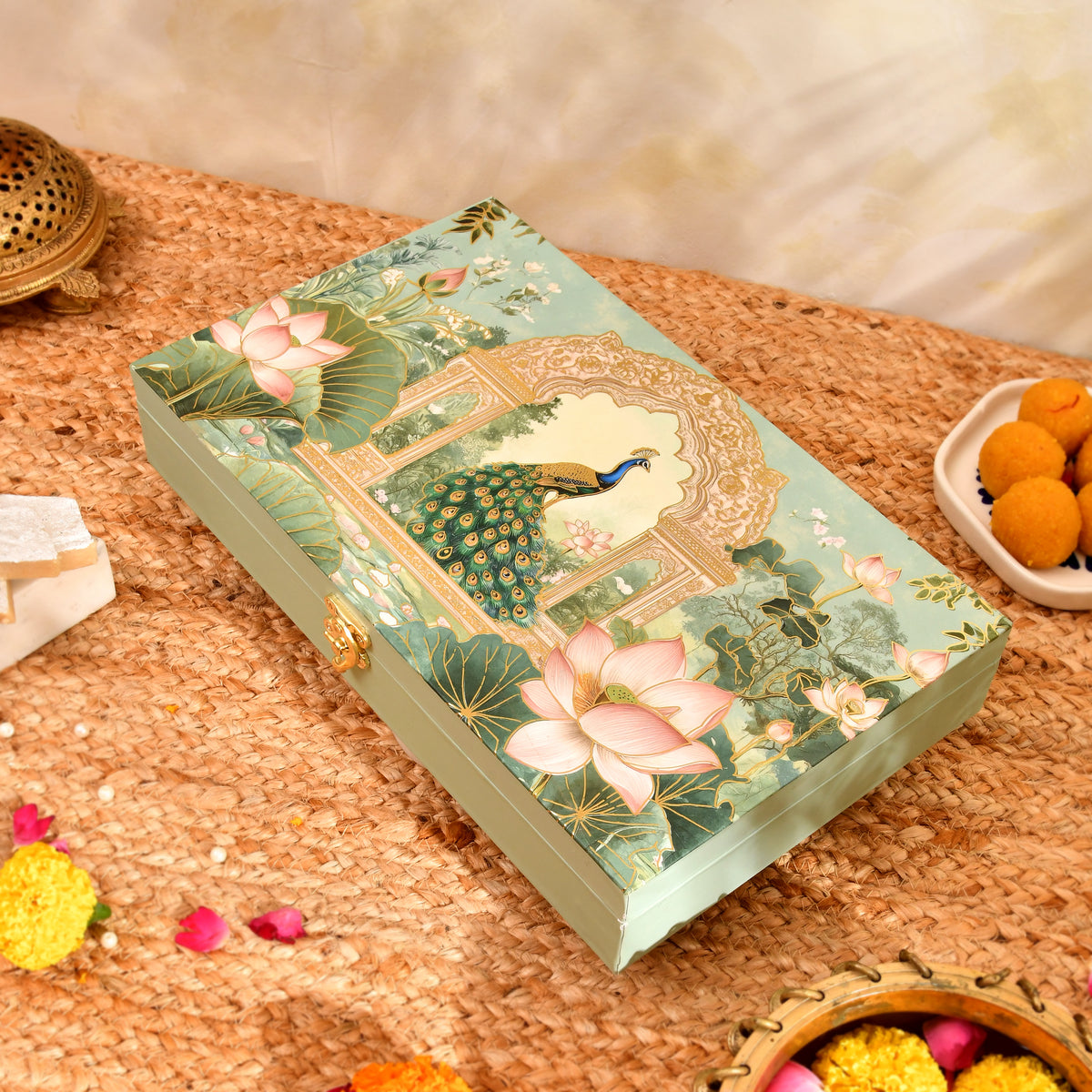 Lotus with Peacock Premium Wooden Sweet Box |1 KG Festive Gifting Box
