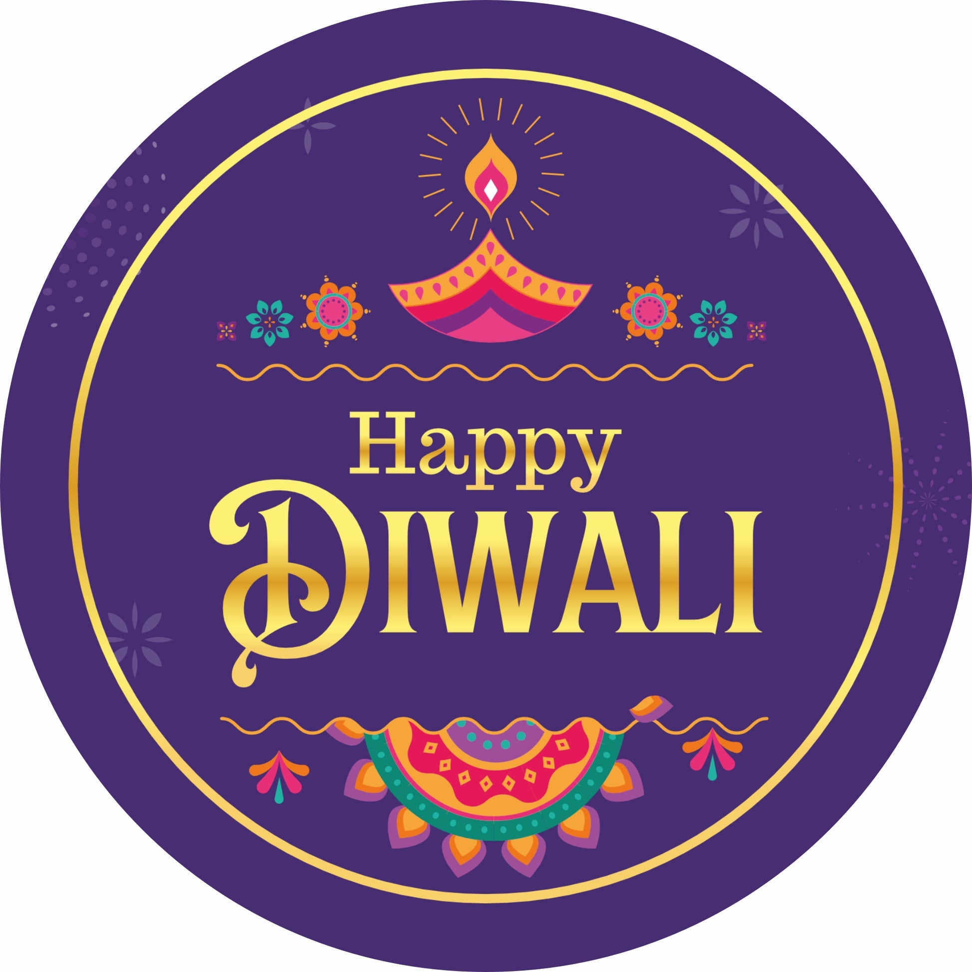 Happy Diwali Sticker – Golden Diya & Festive Motifs (Purple) | Grownex Packaging | Tags & Stickers