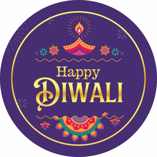 Happy Diwali Sticker – Golden Diya & Festive Motifs (Purple) | Grownex Packaging | Tags & Stickers