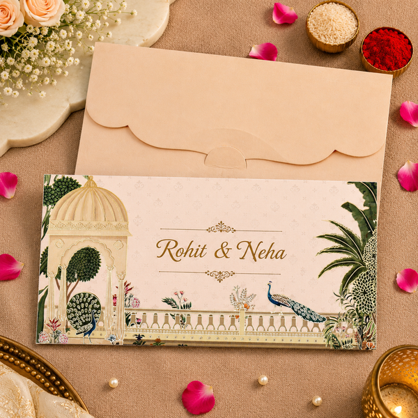 Personalised Beige Peacock Foil Envelope 18.42x8.89 cm