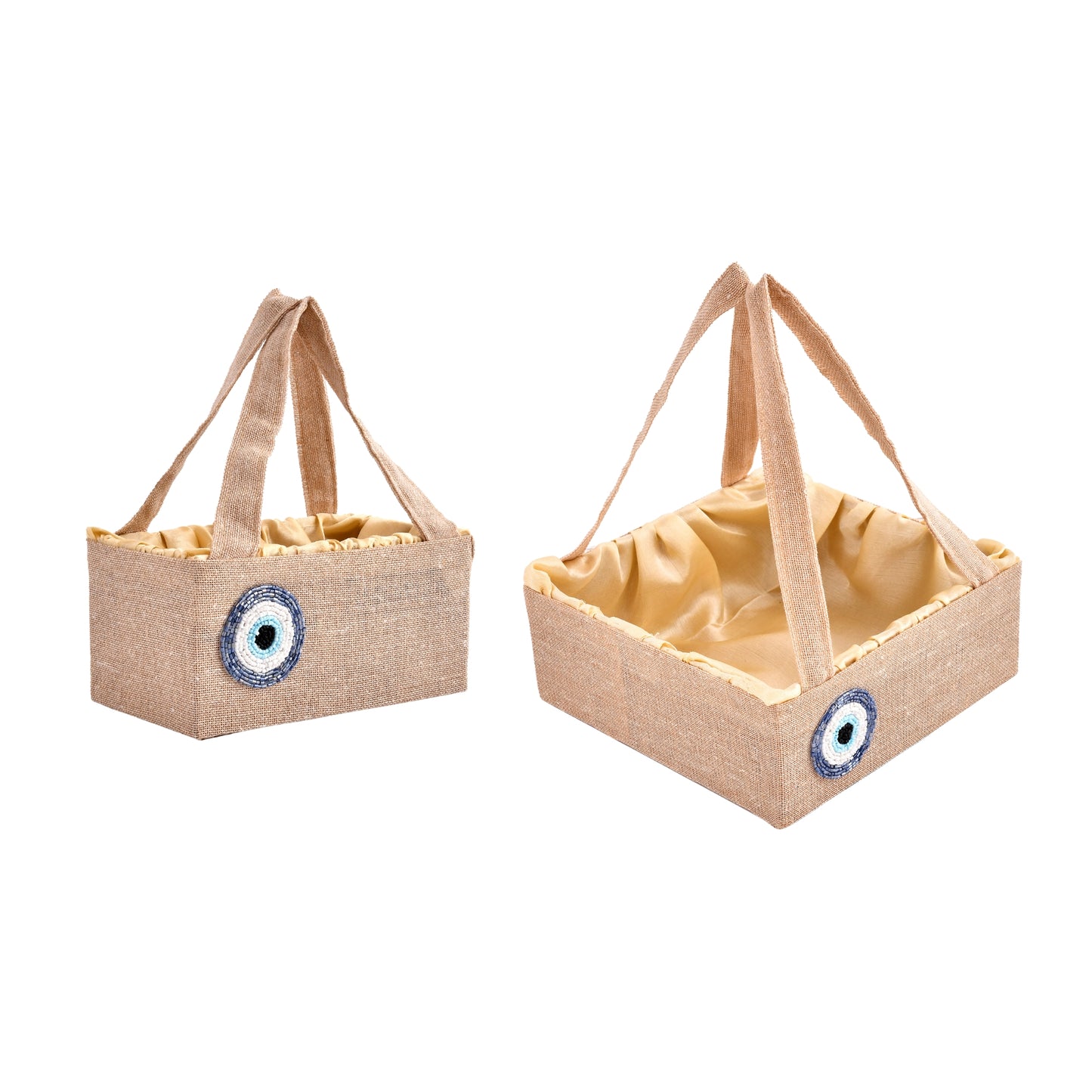 Jute Evil Eye Hamper Basket with Gold Satin Lining | Wedding Return Gift & Festive Gifting Basket