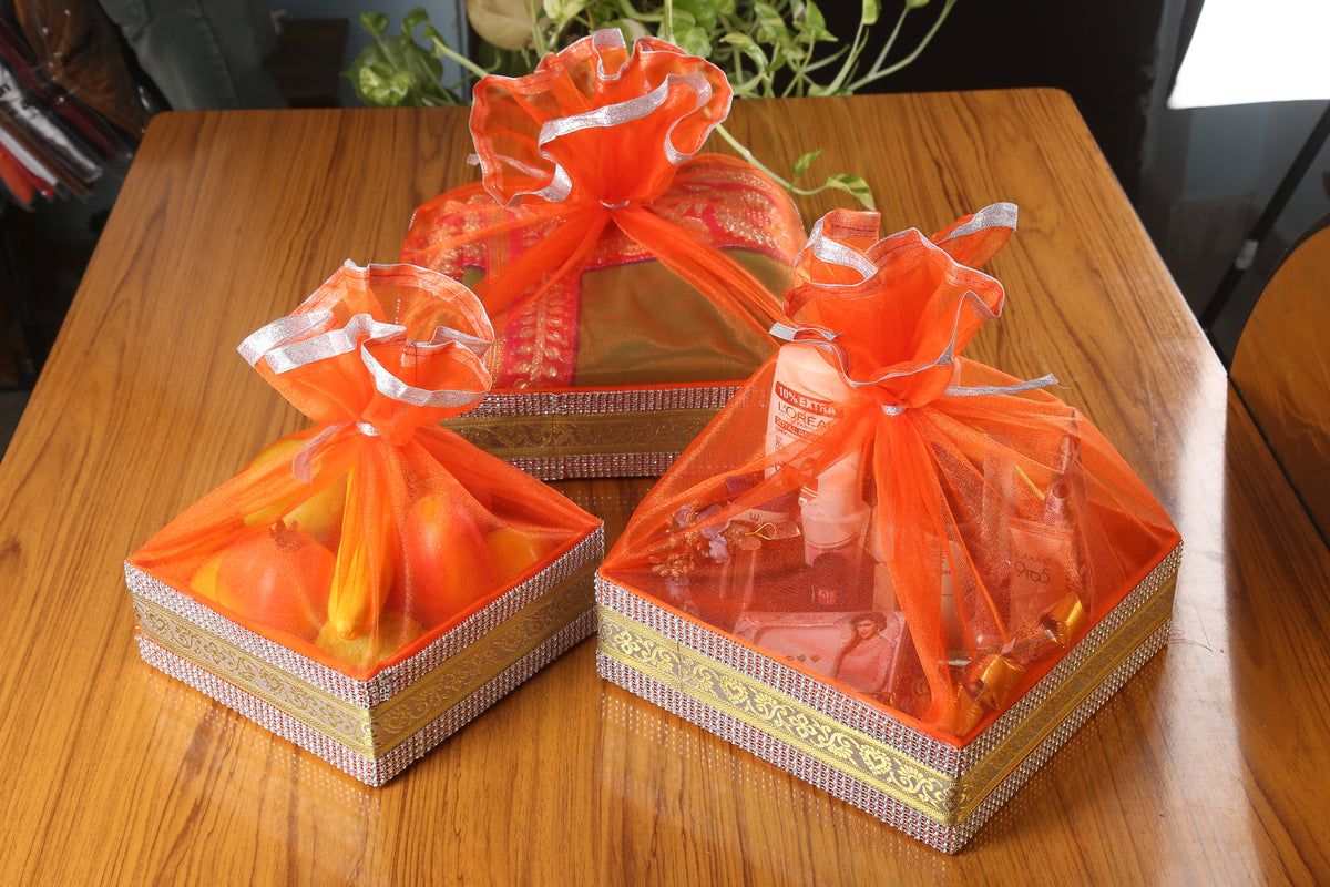Decorative Orange Lace Hamper Basket Set of 3 | Premium Gift Packaging Basket