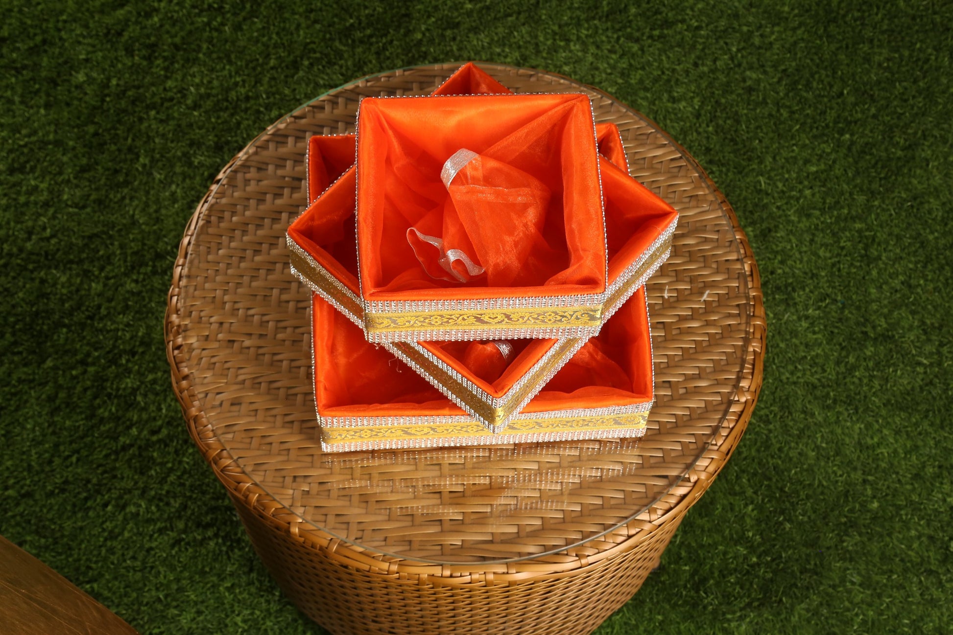 Set of 3 Orange Decorated with lace Gift Hamper Basket For Festivals | Grownex Packaging | Basket & Tray