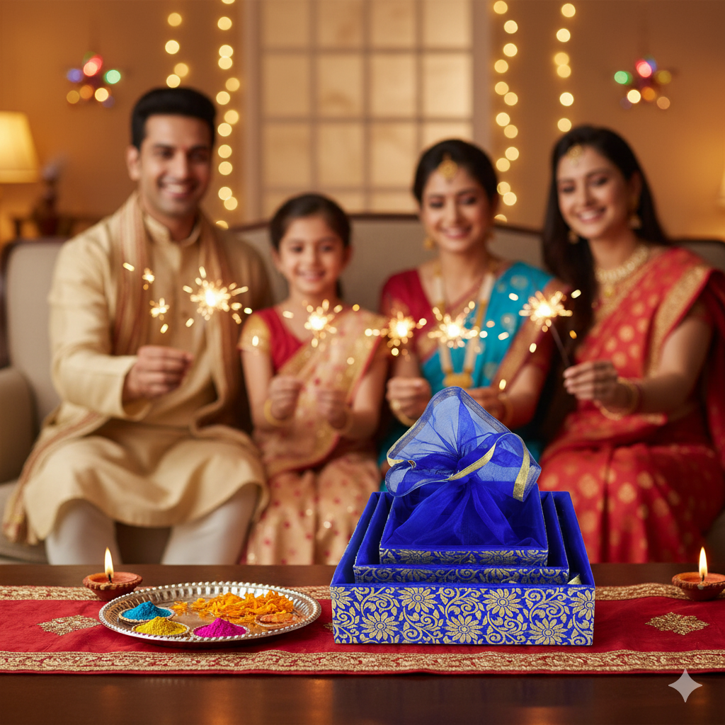 Set of 3 Luxury Wooden Gift Basket for Festive Corporate Hampers -Floral Blue | Grownex Packaging | Basket & Tray