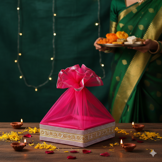 Rani Pink Color Decorated with Lace Gift Hamper Basket | Grownex Packaging | Basket & Tray