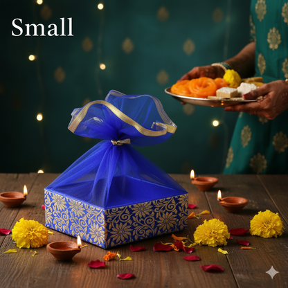 Floral Print Blue Wooden Gift Hamper Basket | Grownex Packaging | Basket & Tray
