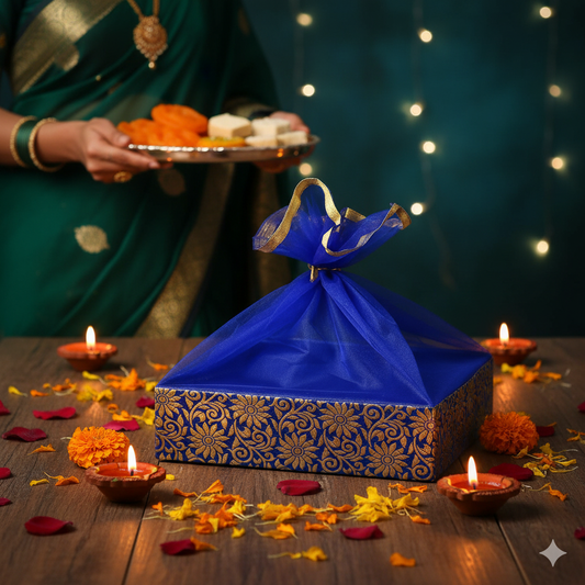 Floral Print Blue Wooden Gift Hamper Basket | Grownex Packaging | Basket & Tray