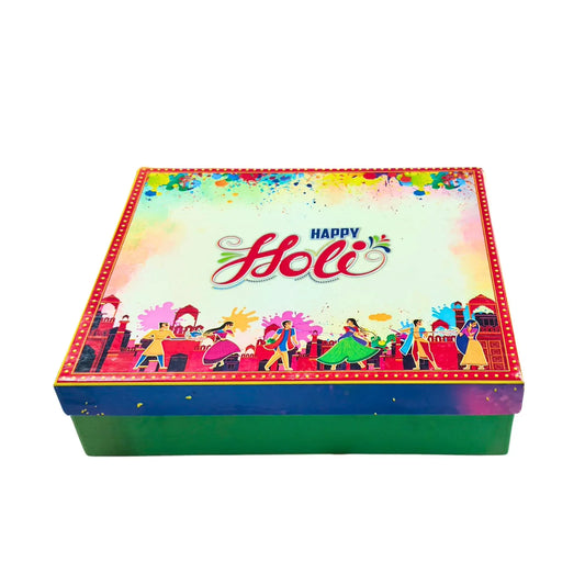 Holi Print Hamper Box 24.9 × 21.6 × 6.35 cm – Beige | Food Safe Kappa Board Gift Box for Sweets & Dry Fruits | Grownex Packaging | Hamper Box