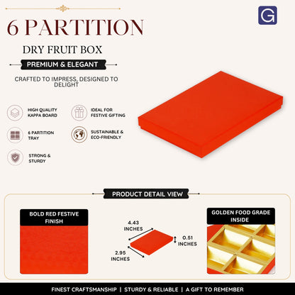Vibrant Red 6 Compartment Dry Fruit Box | Bold Festive Gift & Storage Box