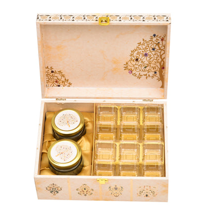 Elegant Ganesh Festival Wooden Ladoo Box with Jars & 12 Cavity Tray | Grownex Packaging | Hamper Box