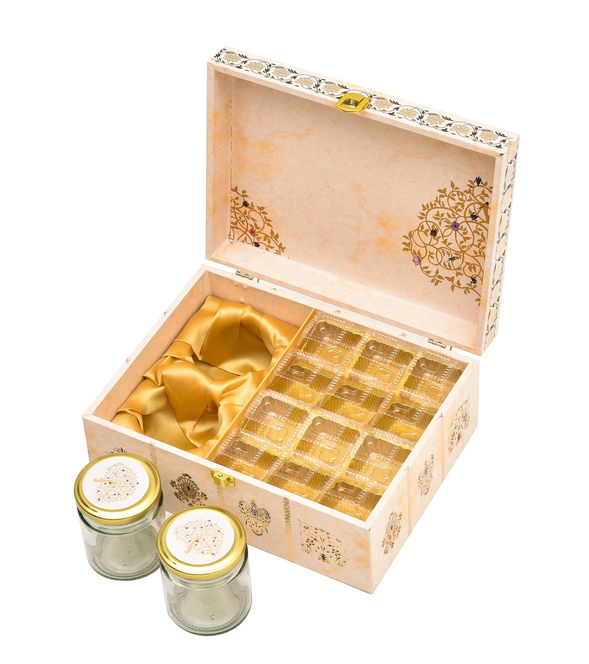 Elegant Ganesh Festival Wooden Ladoo Box with Jars & 12 Cavity Tray | Grownex Packaging | Hamper Box