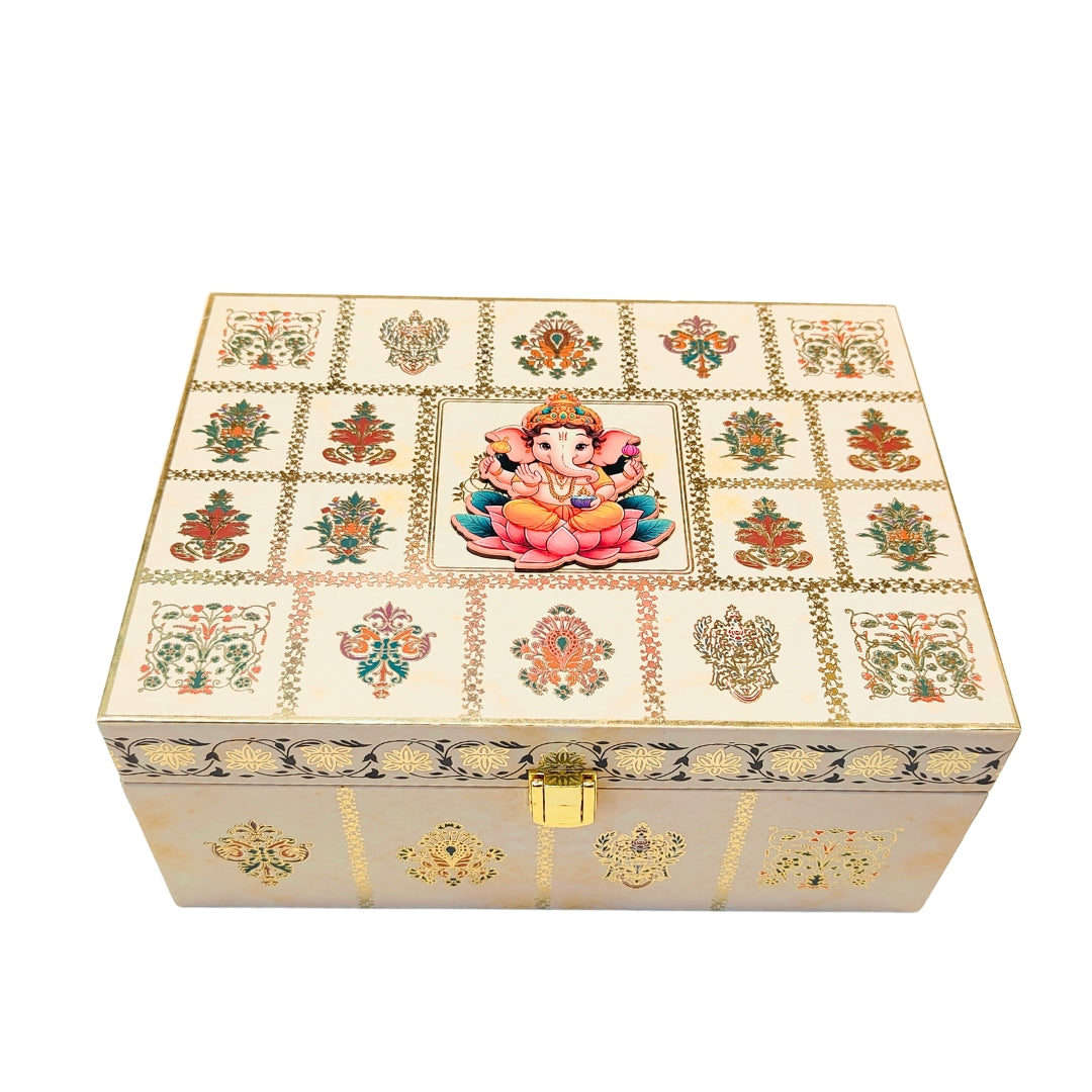 Elegant Ganesh Festival Wooden Ladoo Box with Jars & 12 Cavity Tray | Grownex Packaging | Hamper Box