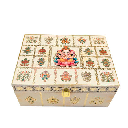 Elegant Ganesh Festival Wooden Ladoo Box with Jars & 12 Cavity Tray | Grownex Packaging | Hamper Box