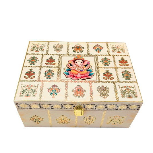Elegant Ganesh Festival Wooden Ladoo Box with Jars & 12 Cavity Tray | Grownex Packaging | Hamper Box
